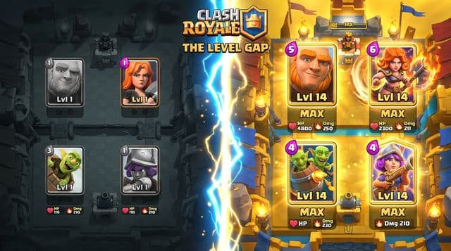The card level gap: underleveled cards on the left versus max-level cards on the right