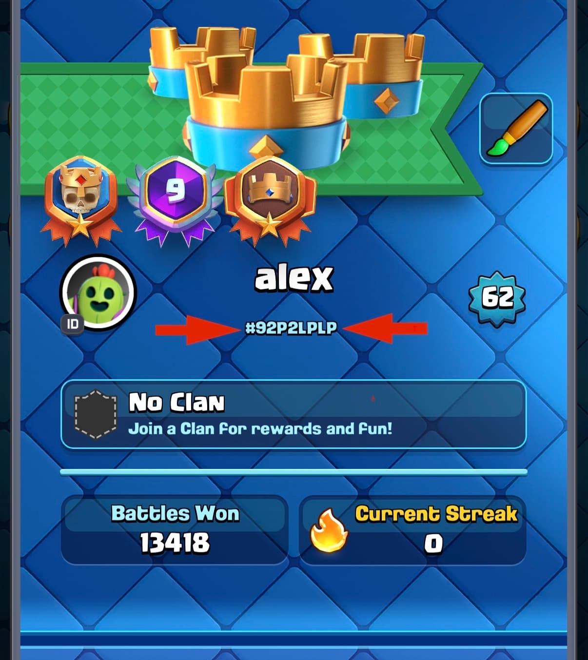 Screenshot of a Clash Royale profile with the player tag #92P2LPLP highlighted.