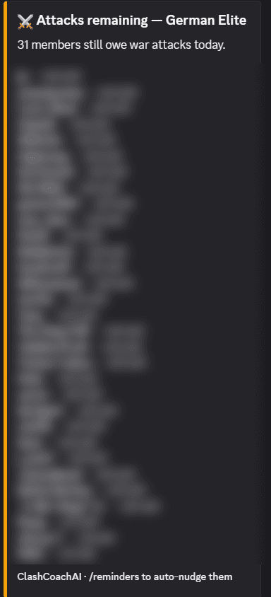 The /attacks command listing how many war attacks each clan member still owes today
